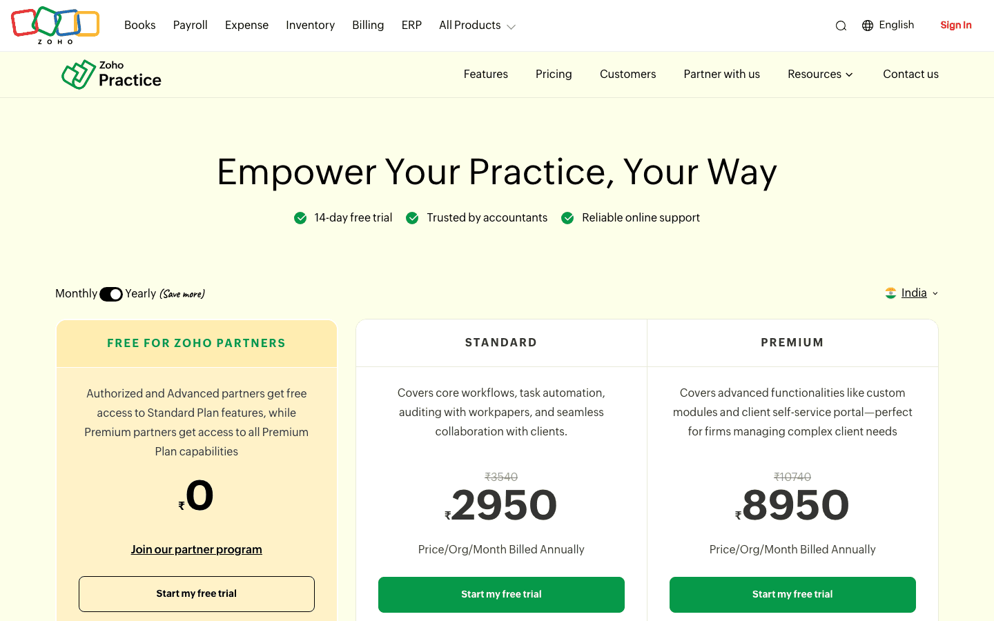 Zoho Practice official website screenshot